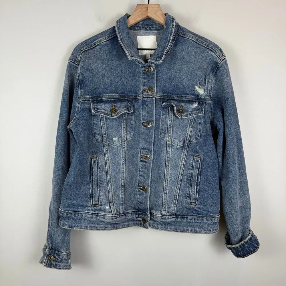 Ella Moss Denim Trucker Jacket Women Large Blue Distressed Button‎ Front Western